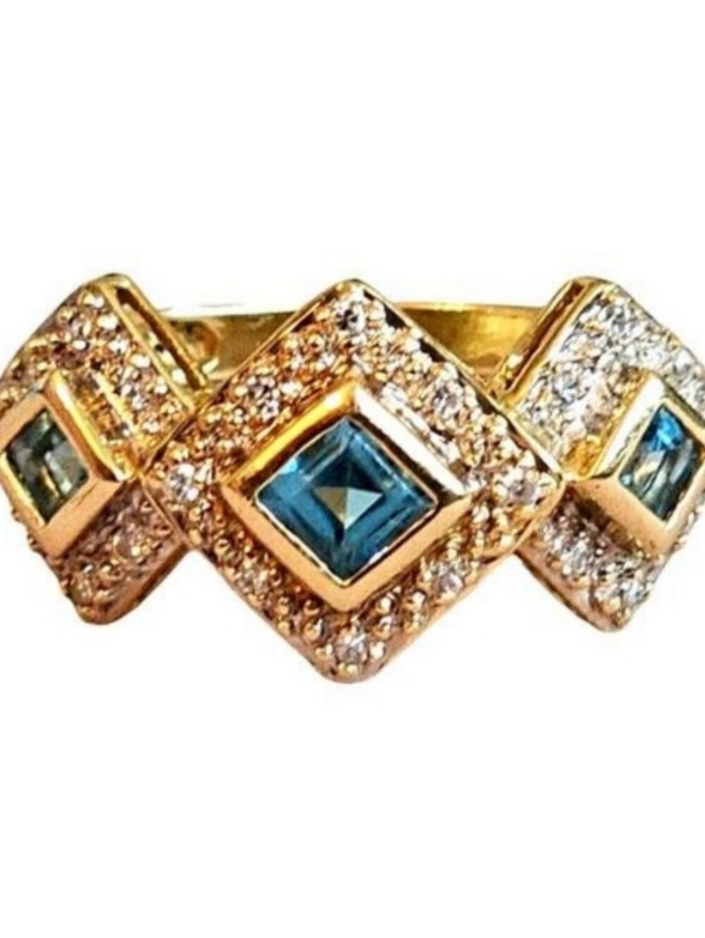 Diamond Halo Princess Cut Blue Topaz 3 Stone 14k Gold Ring